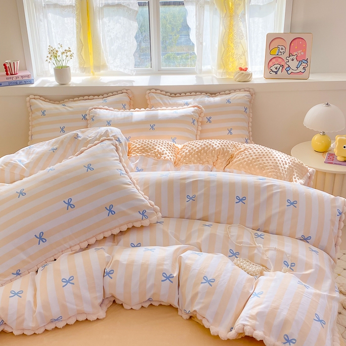 91家纺网 家纺一手货源 找家纺 千朵 2025新款棉加豆豆绒毛毛球边四件套 简单爱