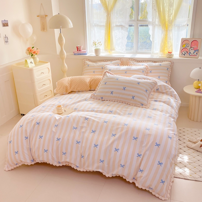 91家纺网 家纺一手货源 找家纺 千朵 2025新款棉加豆豆绒毛毛球边四件套 简单爱