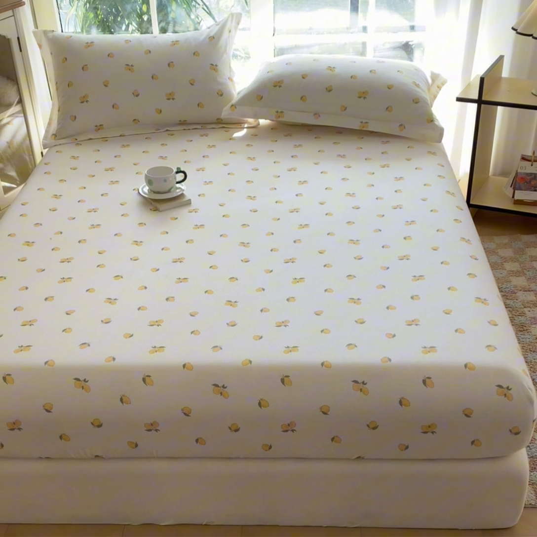 91家纺网 家纺一手货源 找家纺 晨希家居 2025新款全棉A类双层纱床笠 小柠檬