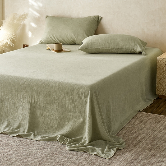 91家纺网 家纺一手货源 找家纺 蓝邻 2025新款全棉双层皱皱纱单品系列-单床单 牛油果绿