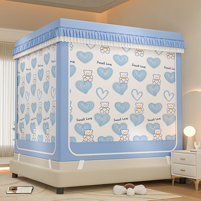 91家纺网 家纺一手货源 找家纺 千逸虹 2025新款坐床防摔可拆卸遮光双层布帘蚊帐 甜蜜小熊