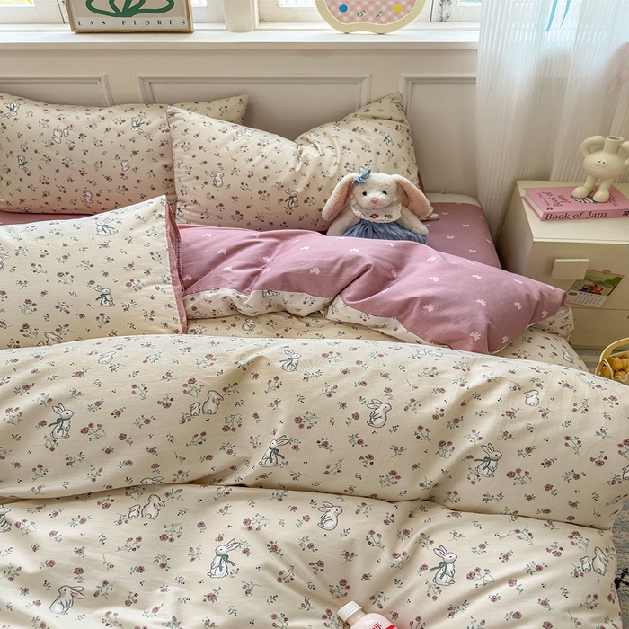 91家纺网 家纺一手货源 找家纺 沐棉家居 2025新款全棉印花四件套 幸福小兔