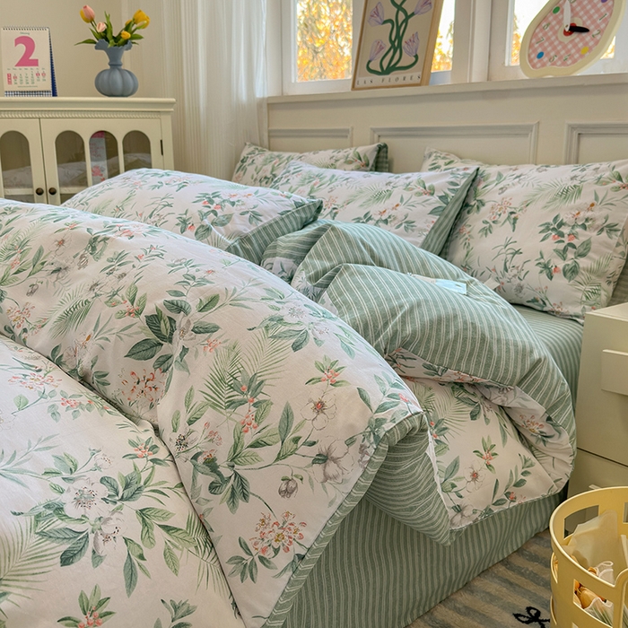 91家纺网 家纺一手货源 找家纺 沐棉家居 2025新款全棉印花四件套 淡香花语