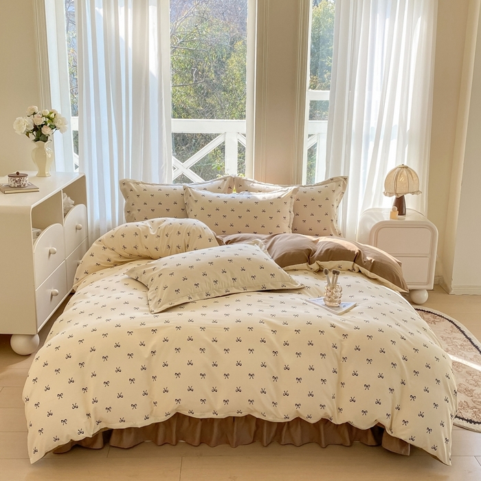 91家纺网 家纺一手货源 找家纺 尚美 2025新款小碎花针织棉床盖四件套 蝴蝶结