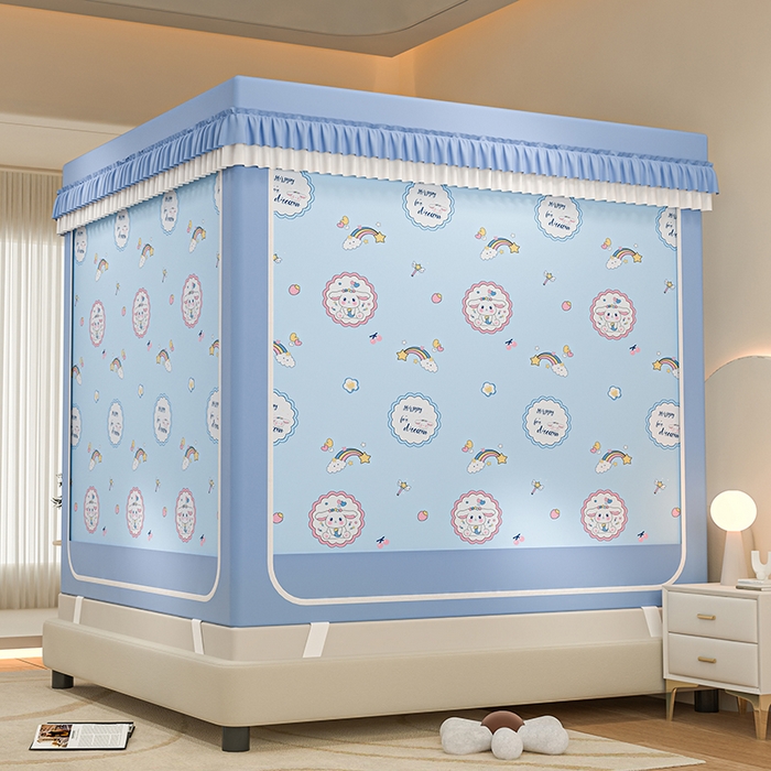 91家纺网 家纺一手货源 找家纺 千逸虹 2025新款坐床防摔可拆卸遮光双层布帘蚊帐 彩虹兔