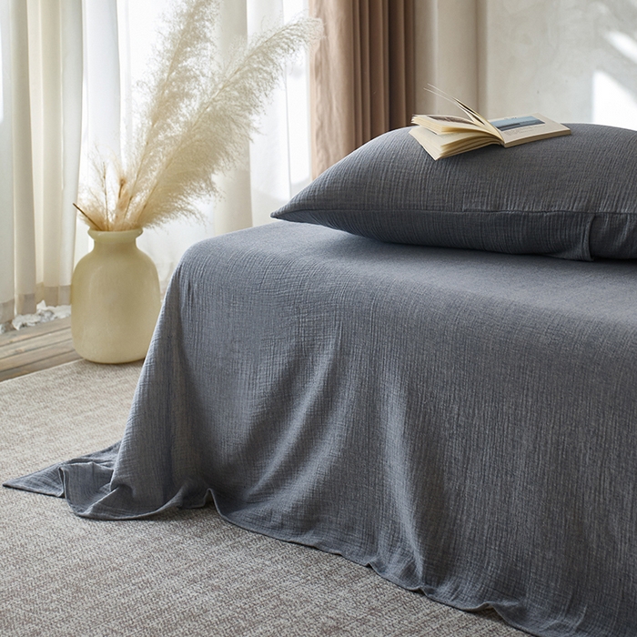 91家纺网 家纺一手货源 找家纺 蓝邻 2025新款全棉双层皱皱纱单品系列-单床单 黛蓝