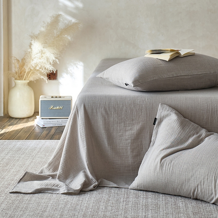 91家纺网 家纺一手货源 找家纺 蓝邻 2025新款全棉双层皱皱纱单品系列-单床单 银月光