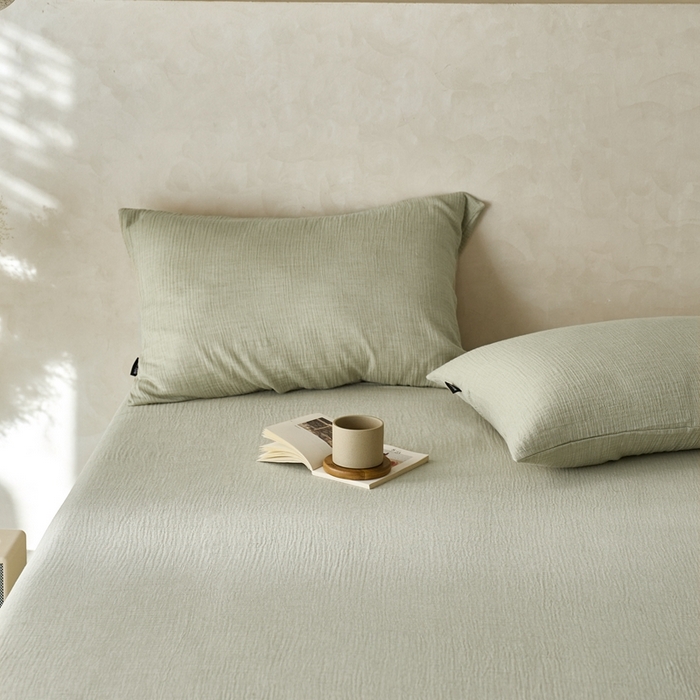 91家纺网 家纺一手货源 找家纺 蓝邻 2025新款全棉双层皱皱纱单品系列-单床单 牛油果绿