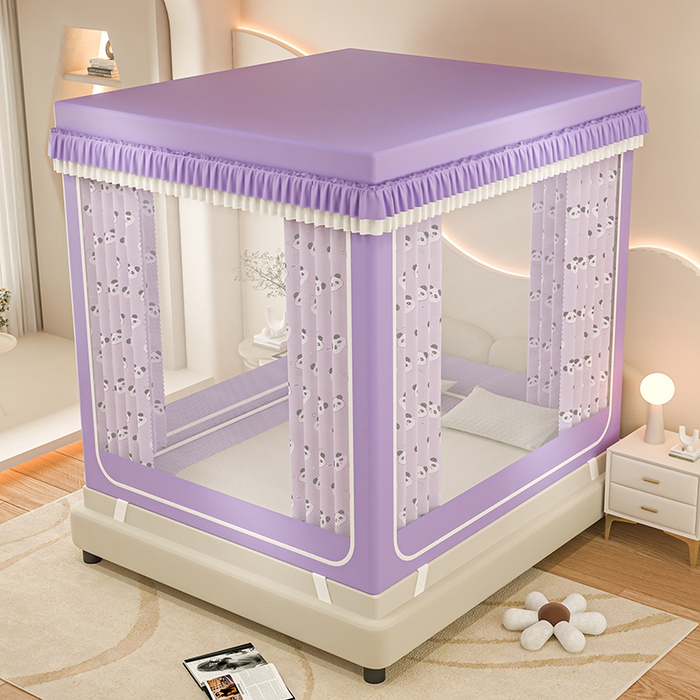 91家纺网 家纺一手货源 找家纺 千逸虹 2025新款坐床防摔可拆卸遮光双层布帘蚊帐 爱心熊猫