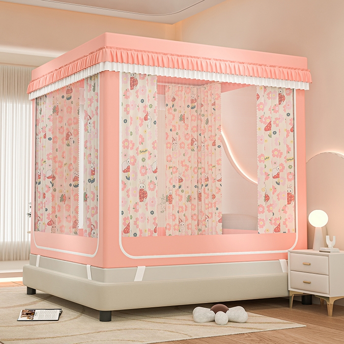 91家纺网 家纺一手货源 找家纺 千逸虹 2025新款坐床防摔可拆卸遮光双层布帘蚊帐 蘑菇花园