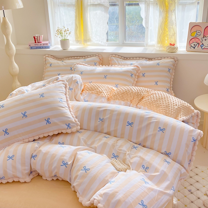 91家纺网 家纺一手货源 找家纺 千朵 2025新款棉加豆豆绒毛毛球边四件套 简单爱