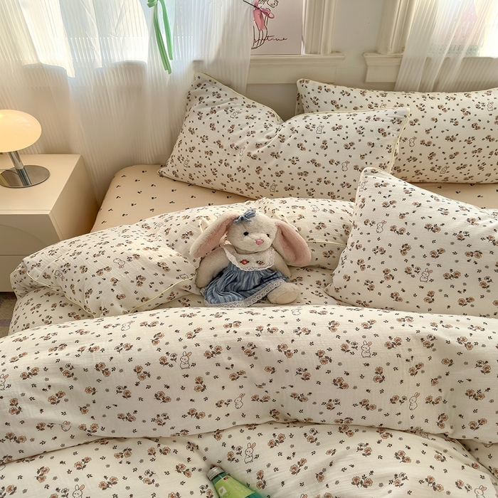 91家纺网 家纺一手货源 找家纺 沐棉家居 2025新款全棉双层纱四件套 花丛小兔