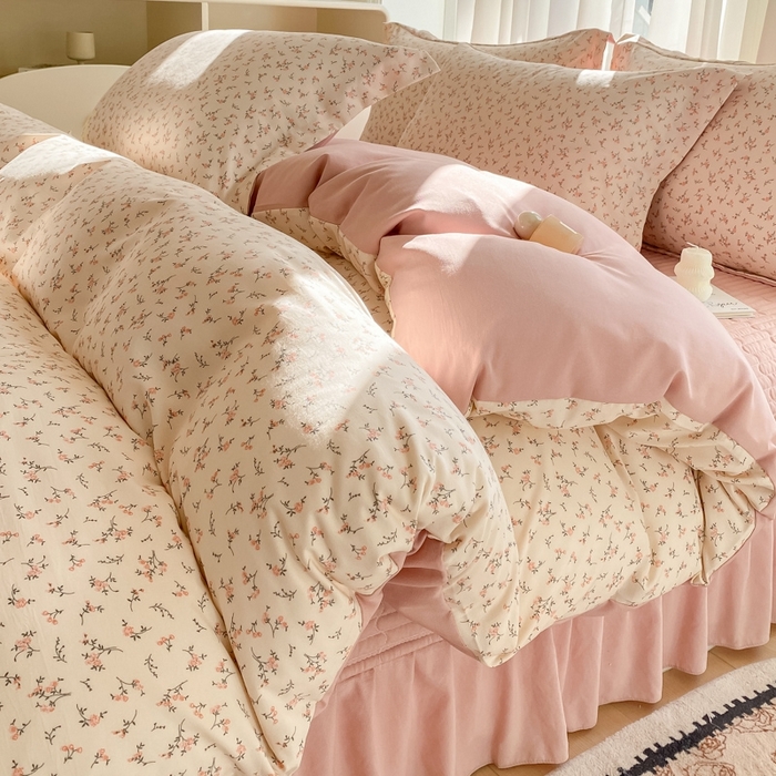 91家纺网 家纺一手货源 找家纺 尚美 2025新款小碎花针织棉床盖四件套 奶茶花