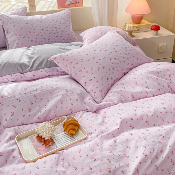 91家纺网 家纺一手货源 找家纺 2025新款高克重小碎花水洗棉四件套 郁金香