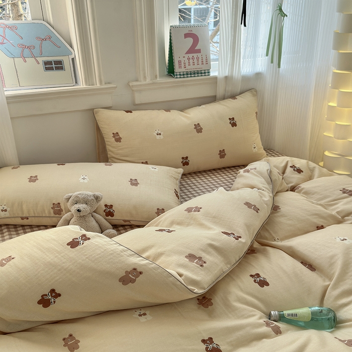 91家纺网 家纺一手货源 找家纺 沐棉家居 2025新款全棉双层纱四件套 小熊一家