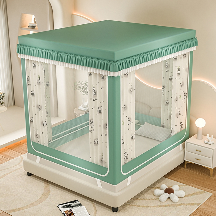 91家纺网 家纺一手货源 找家纺 千逸虹 2025新款坐床防摔可拆卸遮光双层布帘蚊帐 熊猫世界