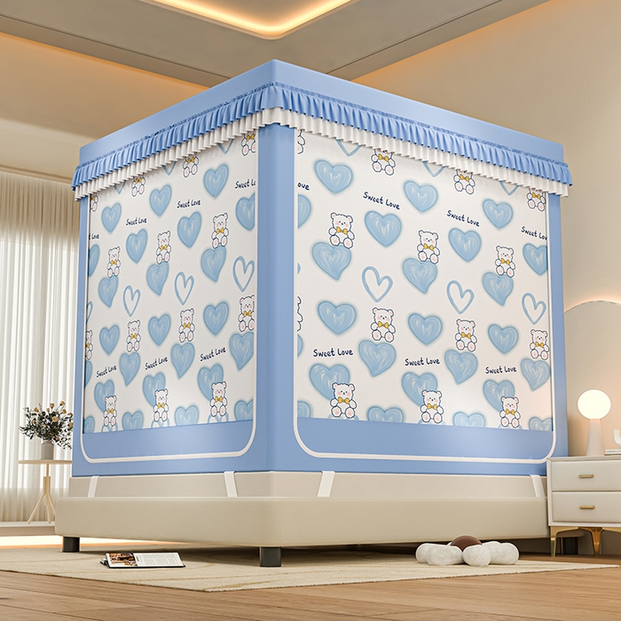 91家纺网 家纺一手货源 找家纺 千逸虹 2025新款坐床防摔可拆卸遮光双层布帘蚊帐 甜蜜小熊