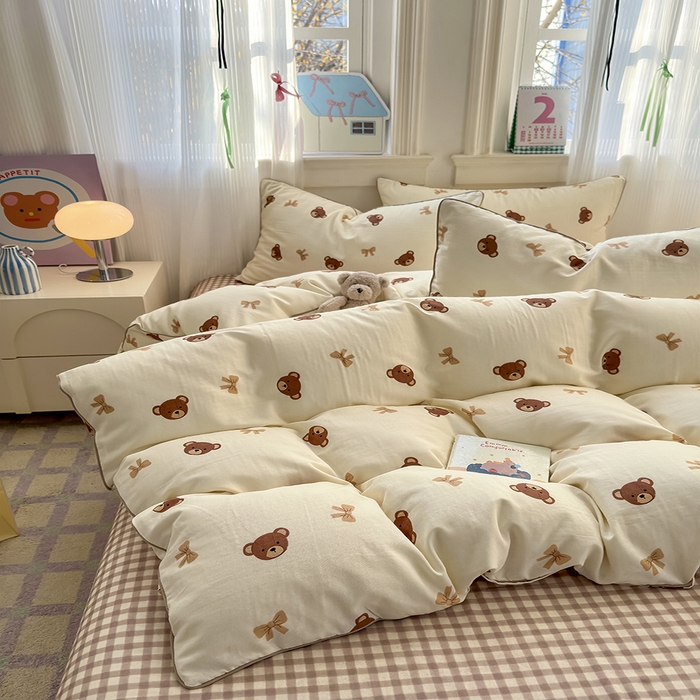 91家纺网 家纺一手货源 找家纺 沐棉家居 2025新款全棉双层纱四件套 迷你熊