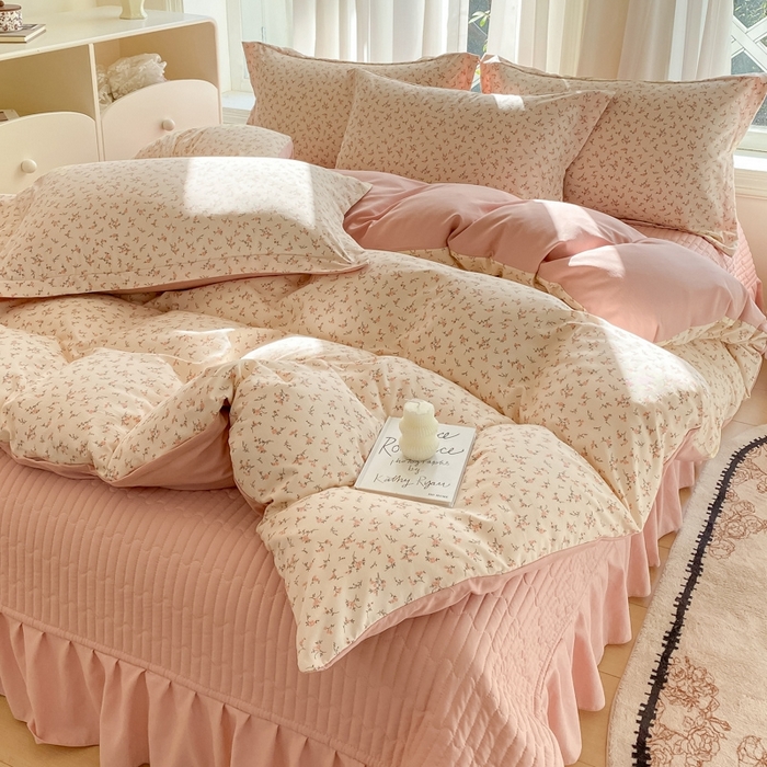 91家纺网 家纺一手货源 找家纺 尚美 2025新款小碎花针织棉床盖四件套 奶茶花