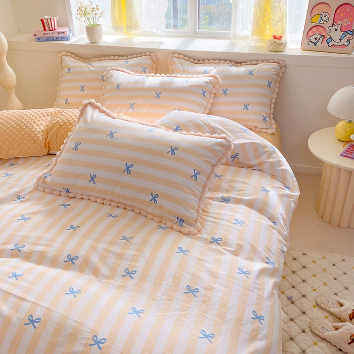 91家纺网 家纺一手货源 找家纺 千朵 2025新款棉加豆豆绒毛毛球边四件套 简单爱