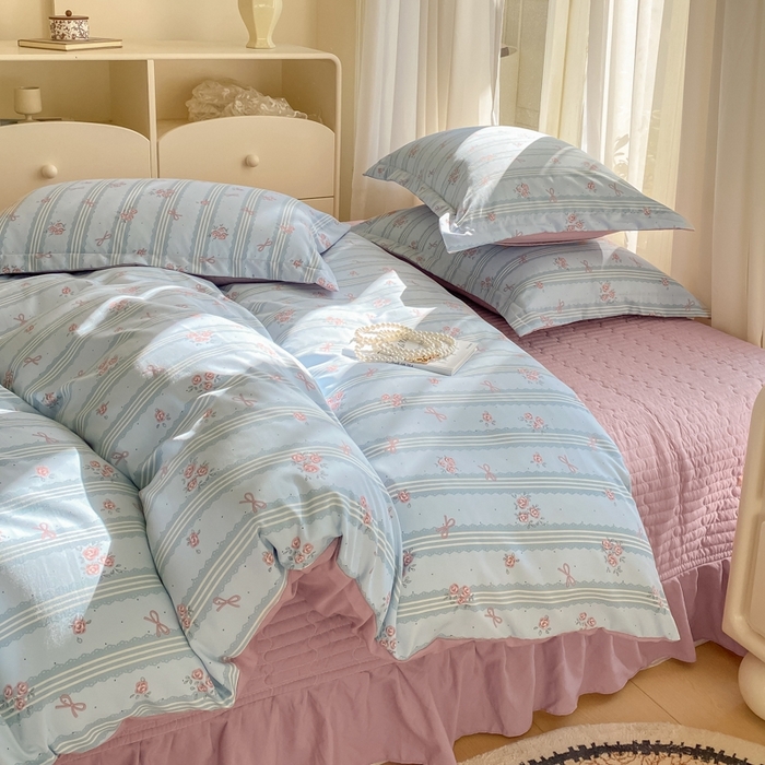 91家纺网 家纺一手货源 找家纺 尚美 2025新款小碎花针织棉床盖四件套 梅兰