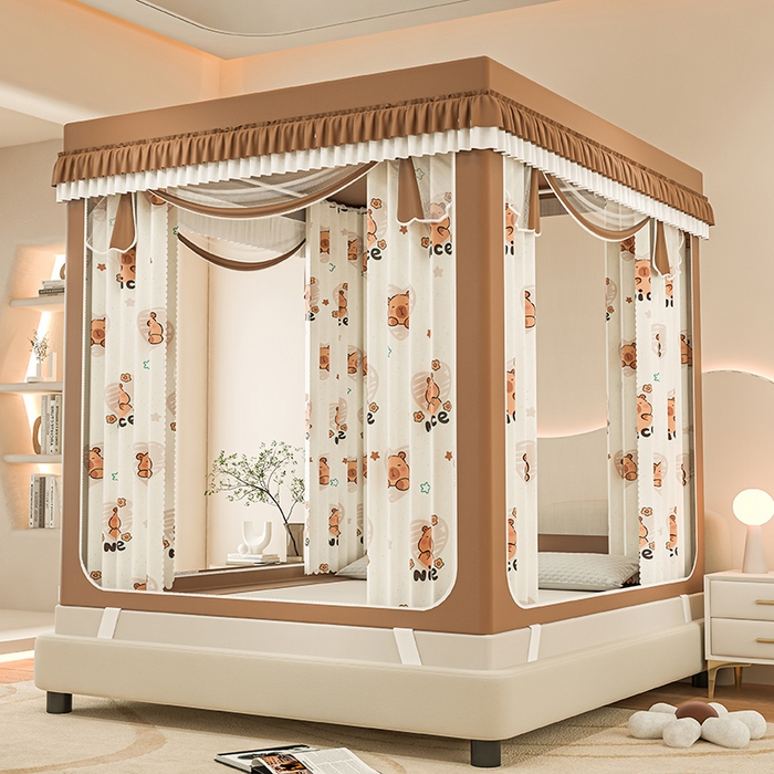 91家纺网 家纺一手货源 找家纺 千逸虹 2025新款坐床防摔可拆卸遮光双层布帘蚊帐 嗨皮萌宠