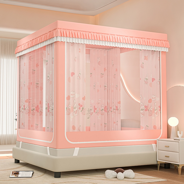 91家纺网 家纺一手货源 找家纺 千逸虹 2025新款坐床防摔可拆卸遮光双层布帘蚊帐 水蜜桃兔