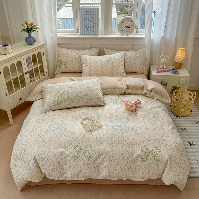 91家纺网 家纺一手货源 找家纺 沐棉家居 2025新款全棉印花四件套 蝴蝶结