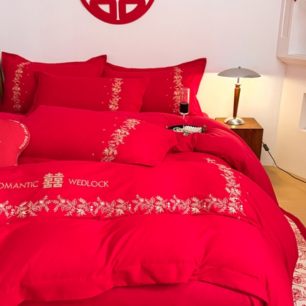 91家纺网 家纺一手货源 找家纺 花愿（原花纪） 2025新款水洗棉刺绣婚庆款四件套 永结同心