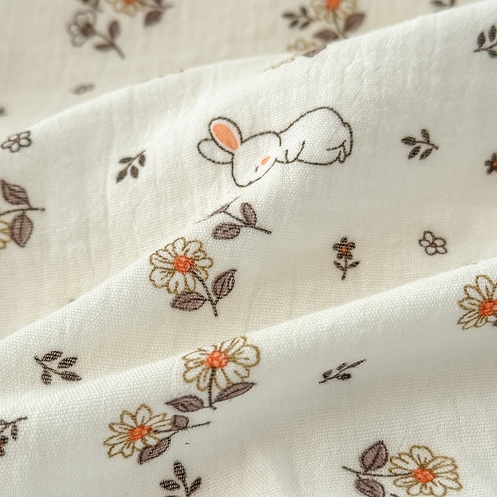 91家纺网 家纺一手货源 找家纺 沐棉家居 2025新款全棉双层纱四件套 花丛小兔