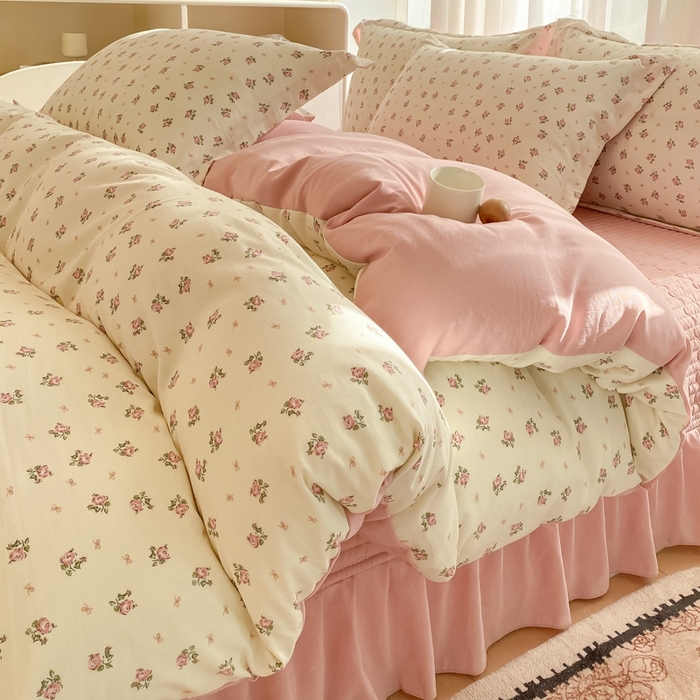 91家纺网 家纺一手货源 找家纺 尚美 2025新款小碎花针织棉床盖四件套 玫瑰