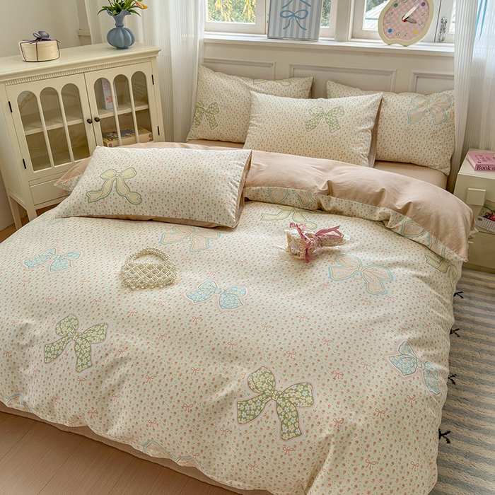 91家纺网 家纺一手货源 找家纺 沐棉家居 2025新款全棉印花四件套 蝴蝶结