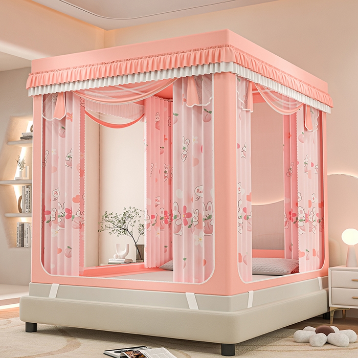 91家纺网 家纺一手货源 找家纺 千逸虹 2025新款坐床防摔可拆卸遮光双层布帘蚊帐 水蜜桃兔