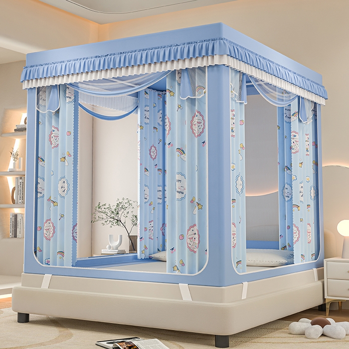 91家纺网 家纺一手货源 找家纺 千逸虹 2025新款坐床防摔可拆卸遮光双层布帘蚊帐 彩虹兔