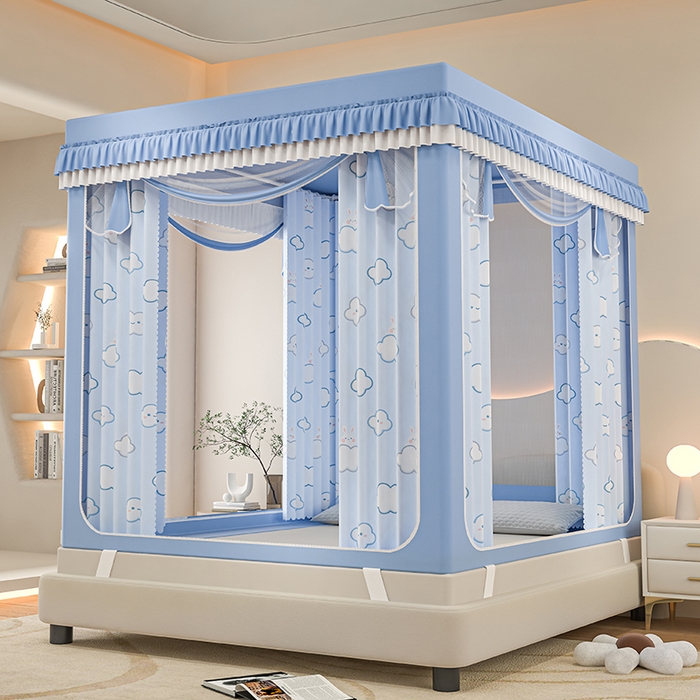 91家纺网 家纺一手货源 找家纺 千逸虹 2025新款坐床防摔可拆卸遮光双层布帘蚊帐 云朵兔