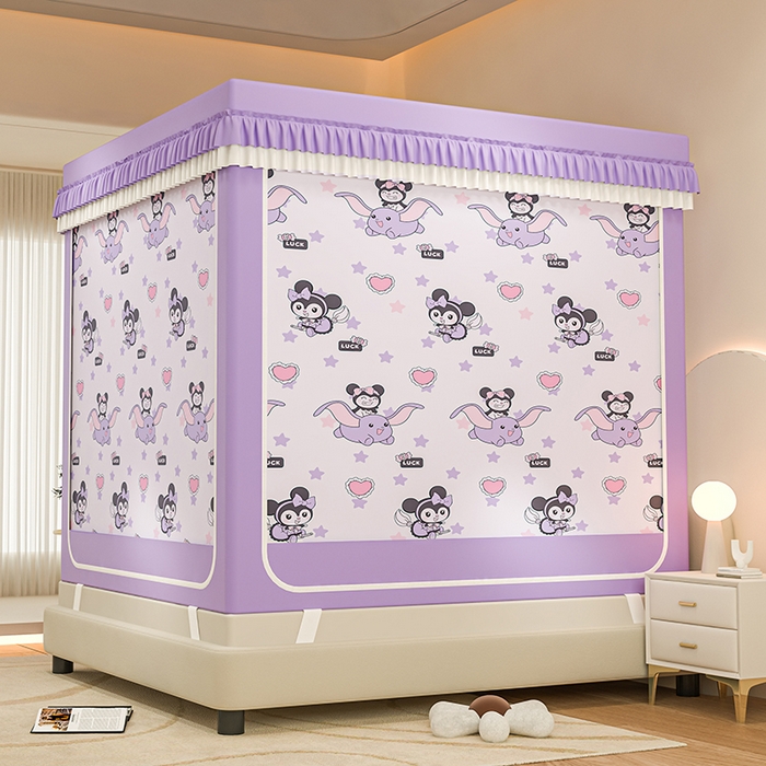 91家纺网 家纺一手货源 找家纺 千逸虹 2025新款坐床防摔可拆卸遮光双层布帘蚊帐 幸运洛米