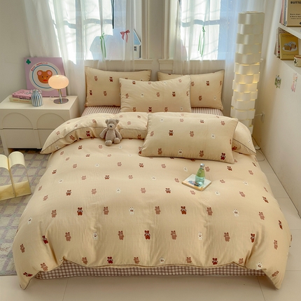 沐棉家居 2025新款全棉双层纱四件套 小熊一家