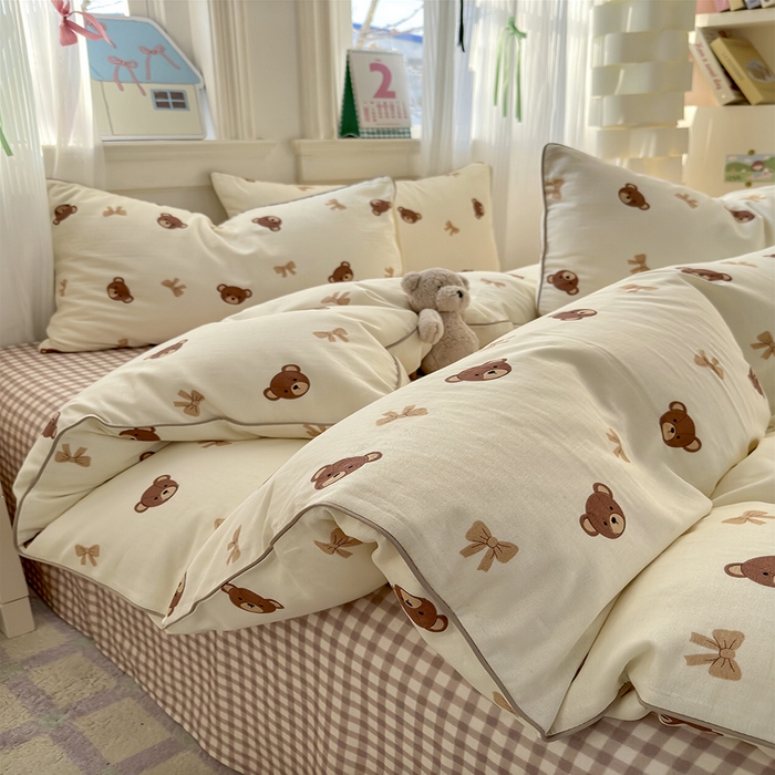 91家纺网 家纺一手货源 找家纺 沐棉家居 2025新款全棉双层纱四件套 迷你熊