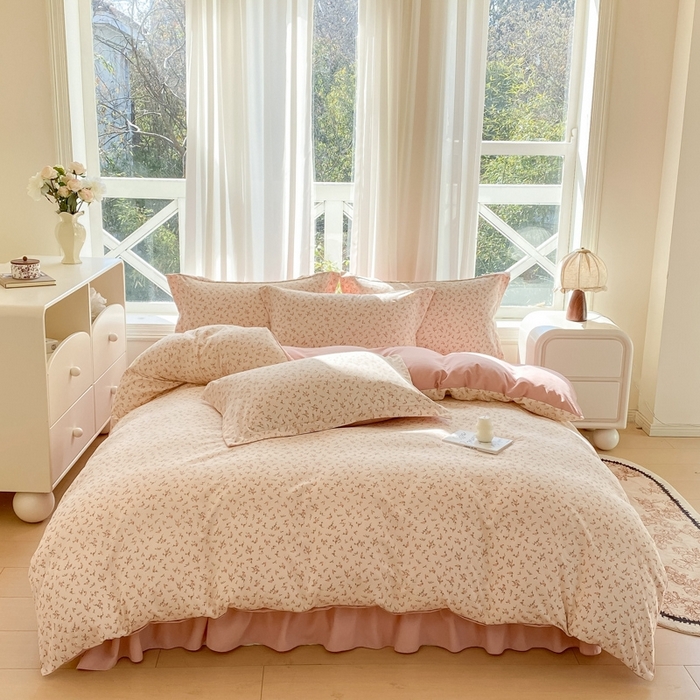 91家纺网 家纺一手货源 找家纺 尚美 2025新款小碎花针织棉床盖四件套 奶茶花