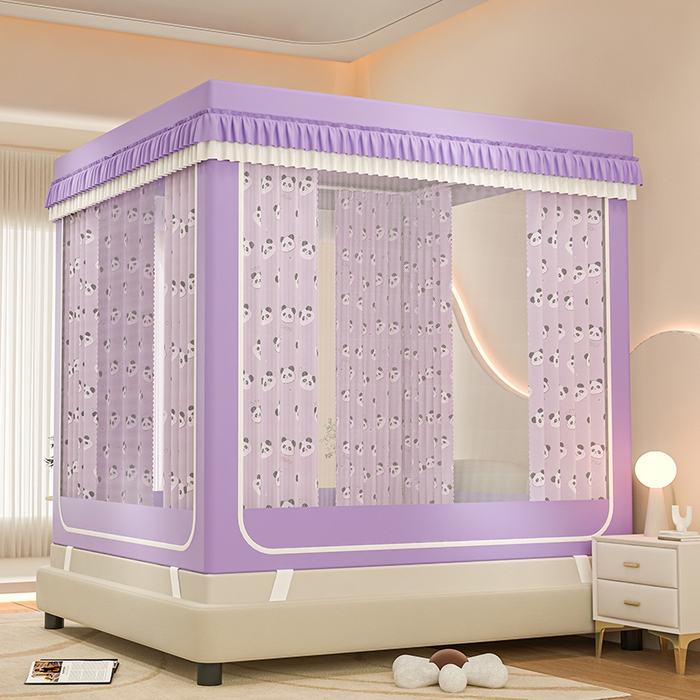 91家纺网 家纺一手货源 找家纺 千逸虹 2025新款坐床防摔可拆卸遮光双层布帘蚊帐 爱心熊猫