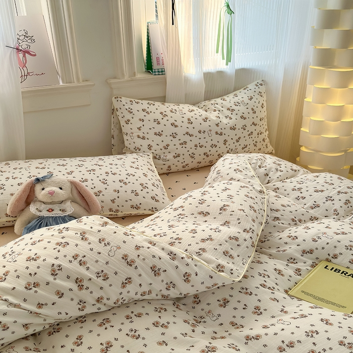 91家纺网 家纺一手货源 找家纺 沐棉家居 2025新款全棉双层纱四件套 花丛小兔