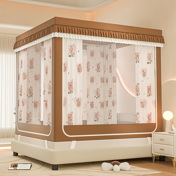 91家纺网 家纺一手货源 找家纺 千逸虹 2025新款坐床防摔可拆卸遮光双层布帘蚊帐 嗨皮萌宠