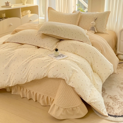 尚美 2025新款小碎花针织棉床盖四件套 奶油波点