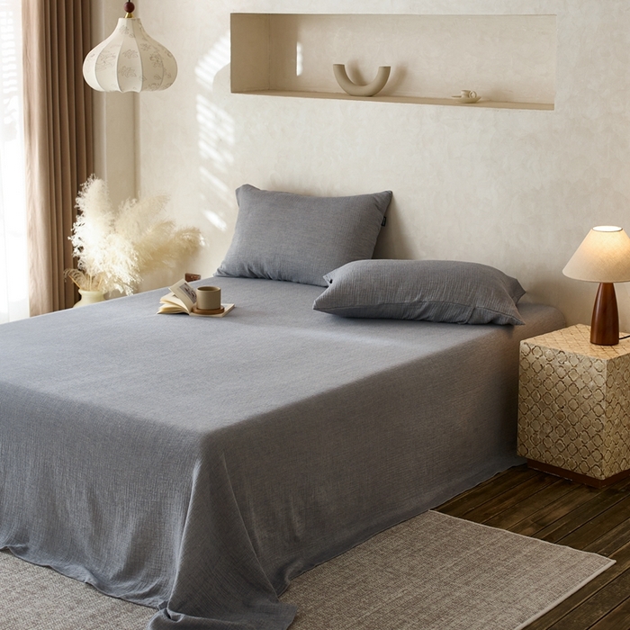 91家纺网 家纺一手货源 找家纺 蓝邻 2025新款全棉双层皱皱纱单品系列-单床单 黛蓝