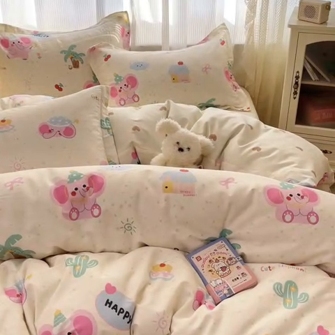 91家纺网 家纺一手货源 找家纺 涵宸家纺 2025新款全棉印花四件套 A悠闲小象