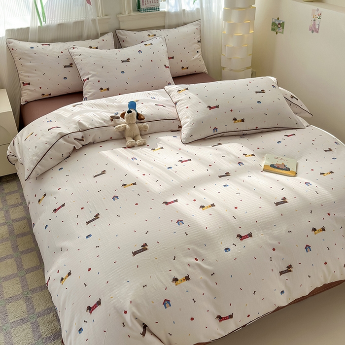 91家纺网 家纺一手货源 找家纺 沐棉家居 2025新款全棉双层纱四件套 腊肠狗