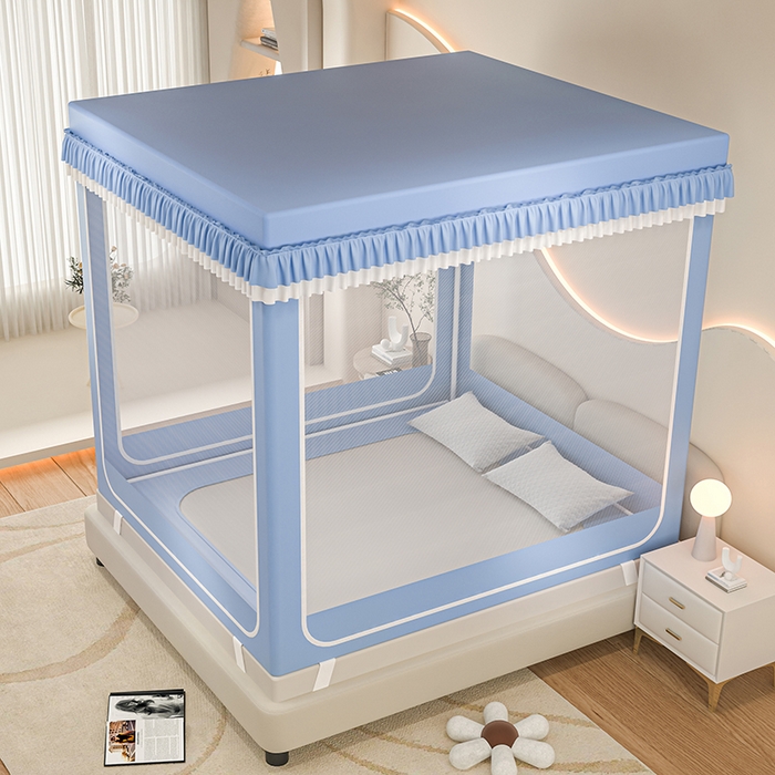 91家纺网 家纺一手货源 找家纺 千逸虹 2025新款坐床防摔可拆卸遮光双层布帘蚊帐 彩虹兔