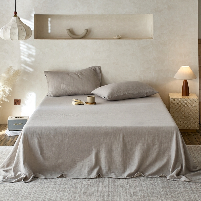 91家纺网 家纺一手货源 找家纺 蓝邻 2025新款全棉双层皱皱纱单品系列-单床单 银月光