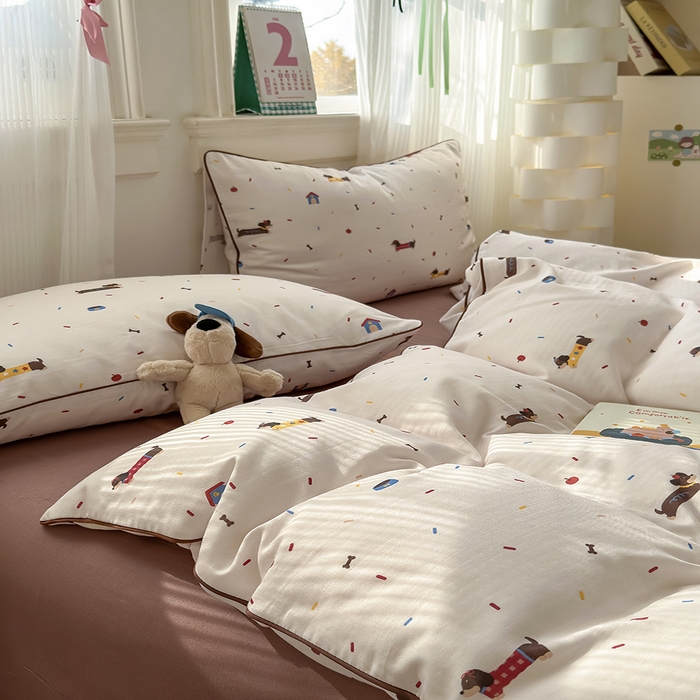 91家纺网 家纺一手货源 找家纺 沐棉家居 2025新款全棉双层纱四件套 腊肠狗