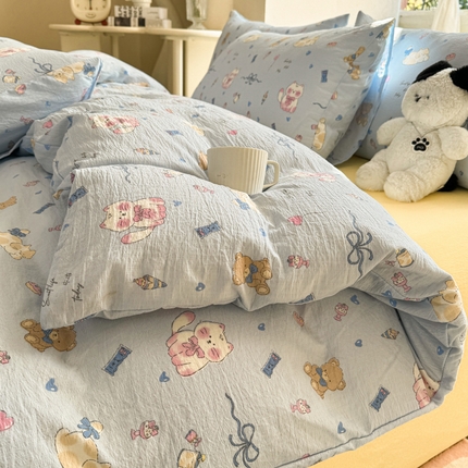 韩巢家纺 2025新款云感双层纱床上用品四件套超柔裸睡级床单被套三件套-(提供卖家秀) 小猫时光篮